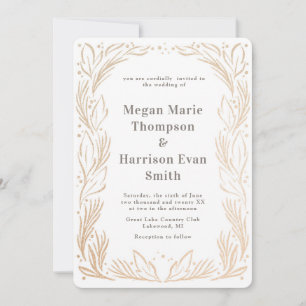 Golden Branches Border Wedding Invitation White