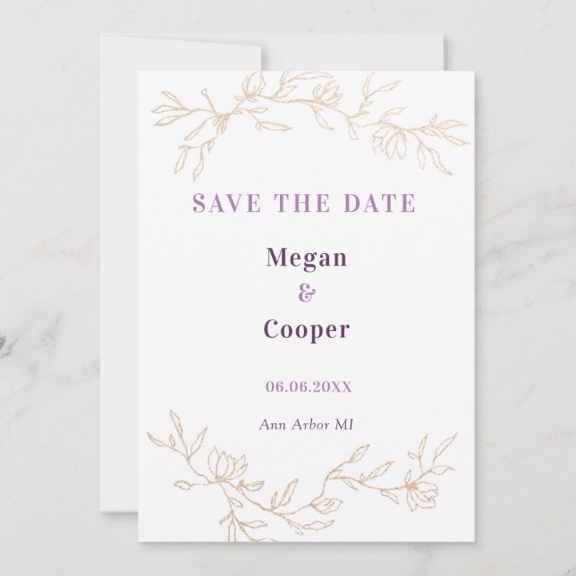 Golden Branches Wedding Design Lavander Save The Date (Front)