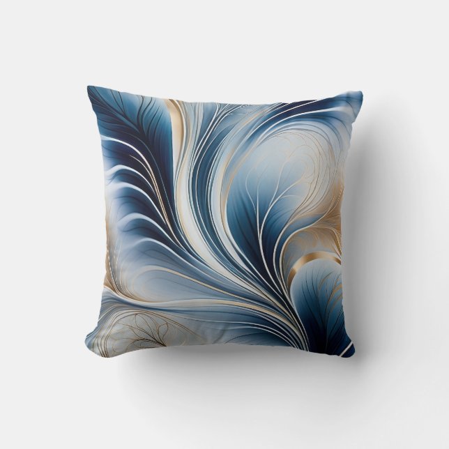 Golden Breeze - Flow of Blue and Gold Abstract Art Throw Pillow (Front)
