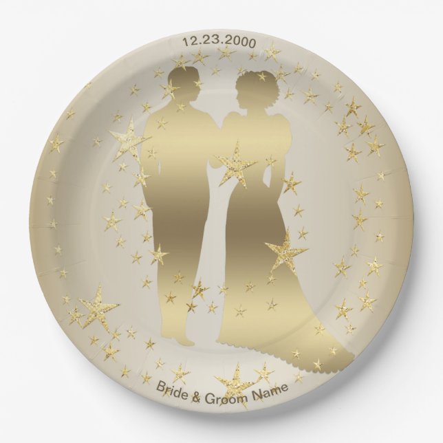 Golden Bride And Groom Wedding Party Paper Plates (Front)