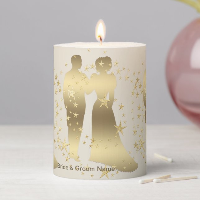 Golden Bride And Groom Wedding Party Pillar Candle (In Situ)