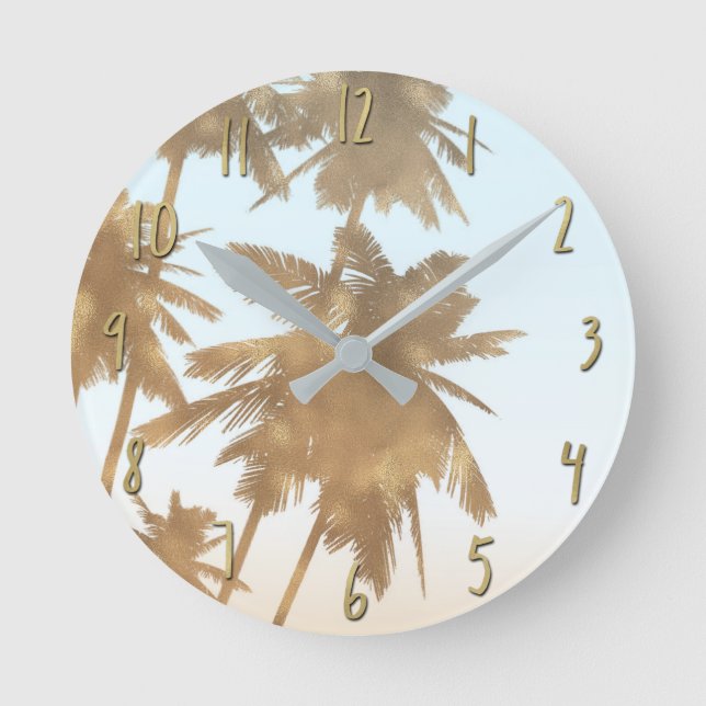 Golden Bronze Palms Beach Ombre Palm Trees Chic Round Clock (Front)