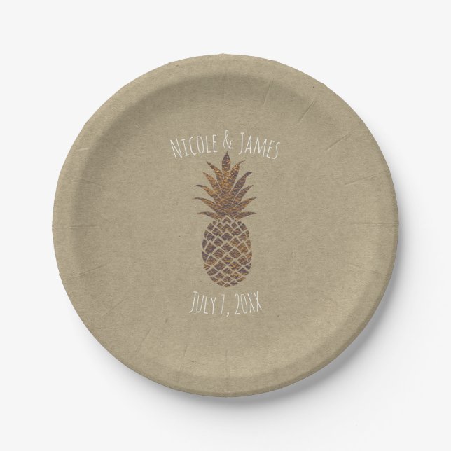 Golden Bronze Pineapple Kraft Natural Tropical Paper Plates (Front)