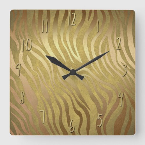 Golden Bronze Zebra Print Jungle Safari Glam Square Wall Clock