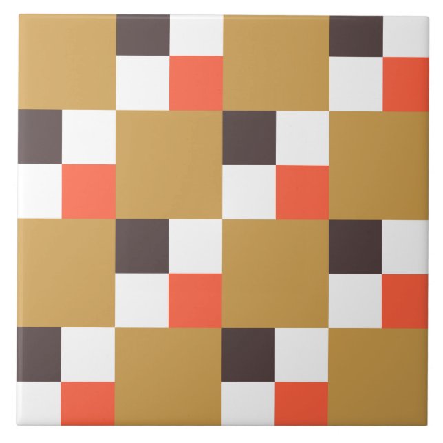 Golden Brown and Coral Checker Pattern Ceramic Tile (Front)