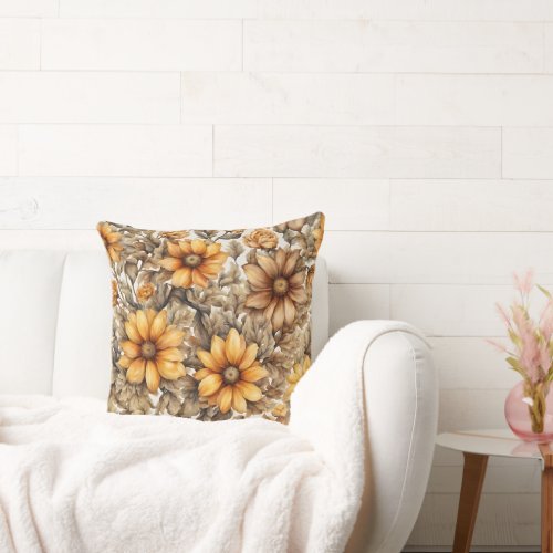 Golden Brown Beige Flower Floral Pattern  Throw Pillow