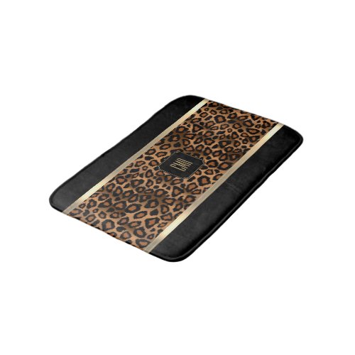 Golden Brown  Black Leopard Pattern _ Monogram Bath Mat