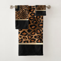 Golden Brown &amp; Black Leopard Pattern - Monogram Bath Towel Set