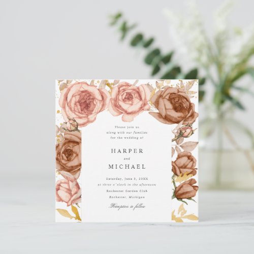 golden brown blush pink roses wedding invitation
