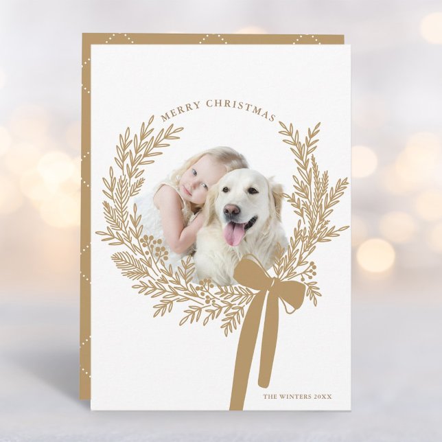 Golden Brown Christmas Wreath Minimal Photo Holiday Card (Creator Uploaded)