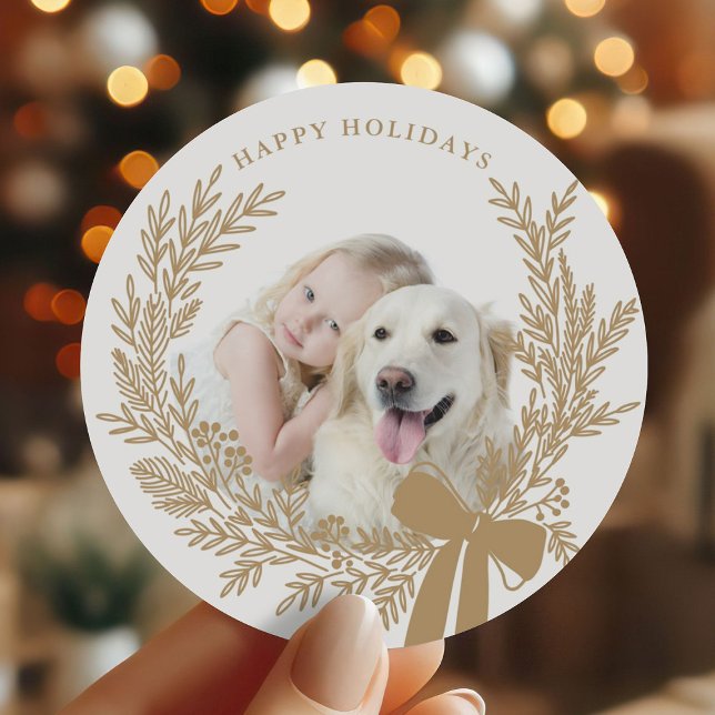 Golden Brown Christmas Wreath Photo  Classic Round Sticker (Creator Uploaded)