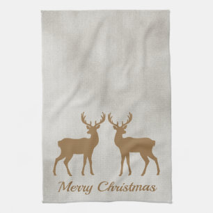 Golden Brown Deer Shapes On Faux Velvet Texture Kitchen Towel