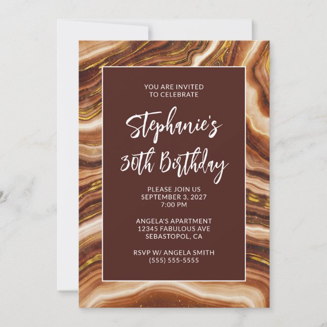 Golden Brown Faux Agate Bold 30th Birthday Invitation (Front)