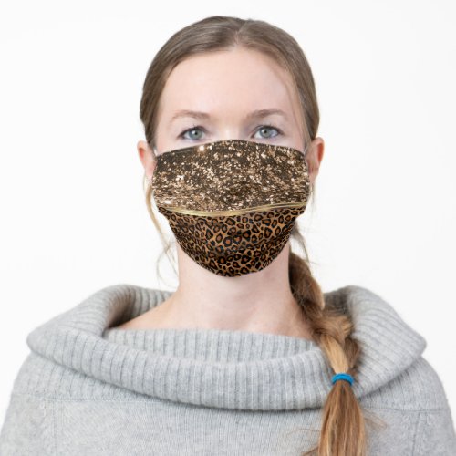 Golden Brown Glitter and Leopard  Adult Cloth Face Mask