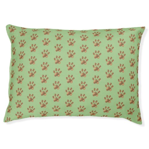 Golden brown pet paws on lime green pet bed