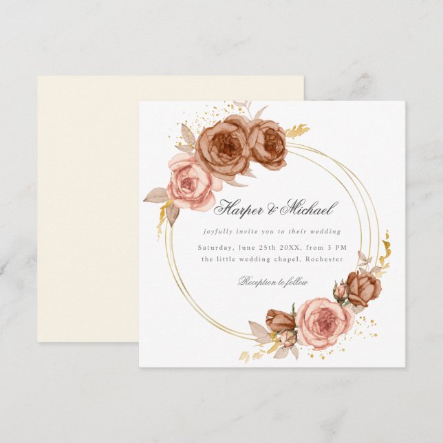 golden brown roses wreath wedding invitation (Front/Back)