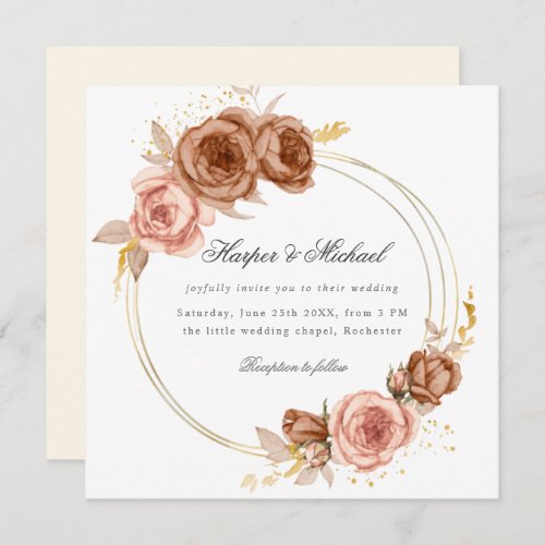 golden brown roses wreath wedding invitation