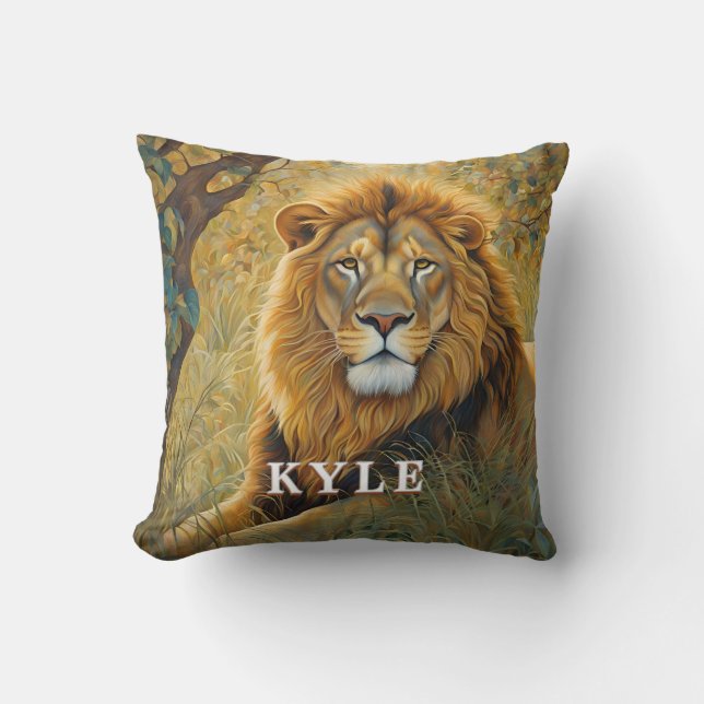 Golden Brown Safari Lion Throw Pillow (Front)