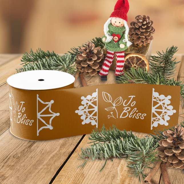 Golden Brown White Business Logo, Snowflakes Promo Grosgrain Ribbon (terracotta ribbon with white business logo, brown company holiday christmas gift ribbon, snowflakes)