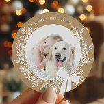 Golden Brown & White Christmas Wreath Photo  Classic Round Sticker<br><div class="desc">Holiday photo sticker with a simple Christmas wreath. For more advanced customization of this design,  please click the DESIGN TOOL BUTTON above!</div>