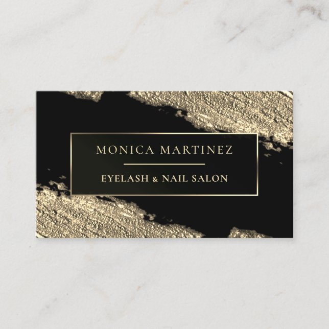 Golden brush stain elegant black business card (Front)