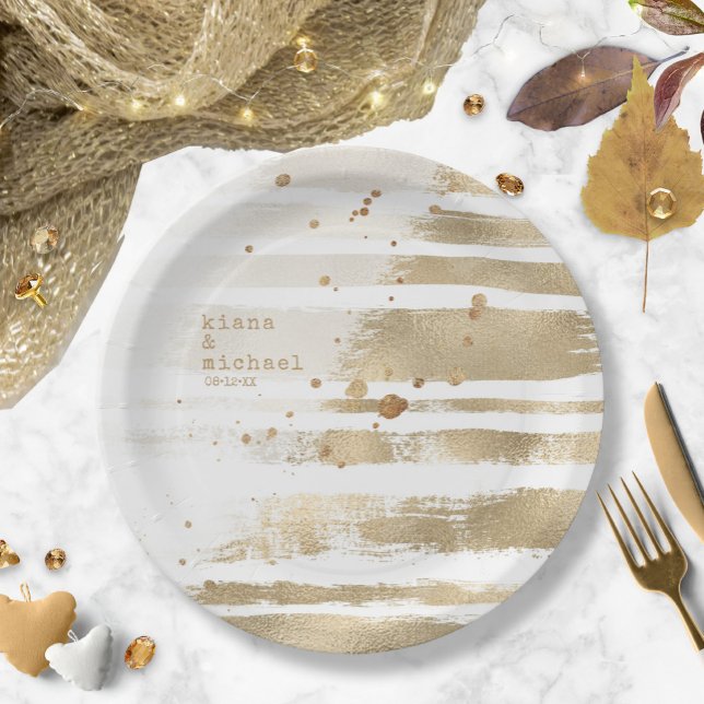 Golden Brush Stroke Stripes Wedding ID655 Paper Plates (Creator Uploaded)
