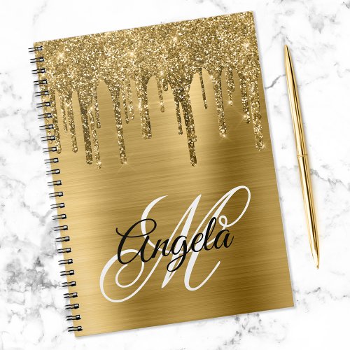 Golden Brushed Foil Glitter Drip Fancy Monogram Notebook