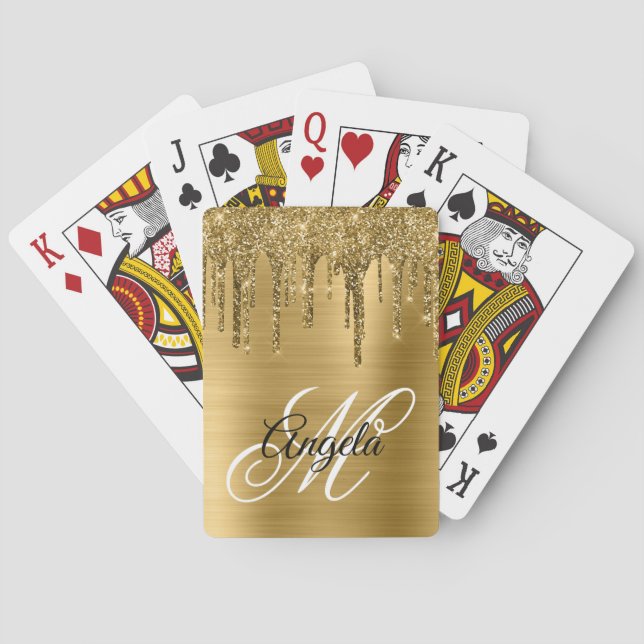 Golden Brushed Foil Glitter Drip Fancy Monogram Poker Cards (Back)