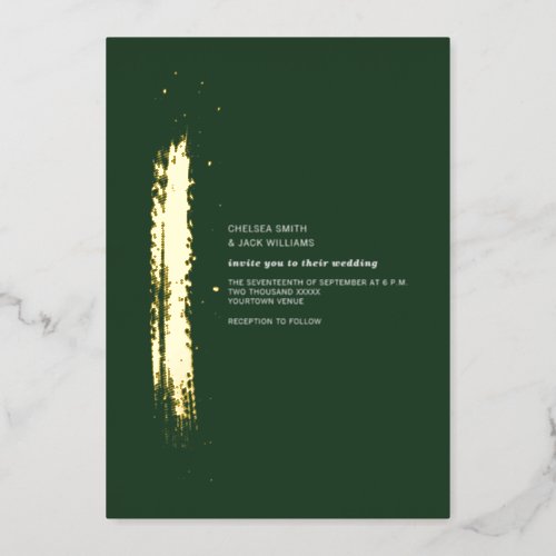 Golden Brushstroke Emerald Minimalist Wedding Foil Invitation