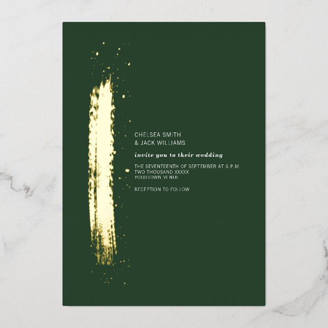 Golden Brushstroke Emerald Minimalist Wedding Foil Invitation (Front)