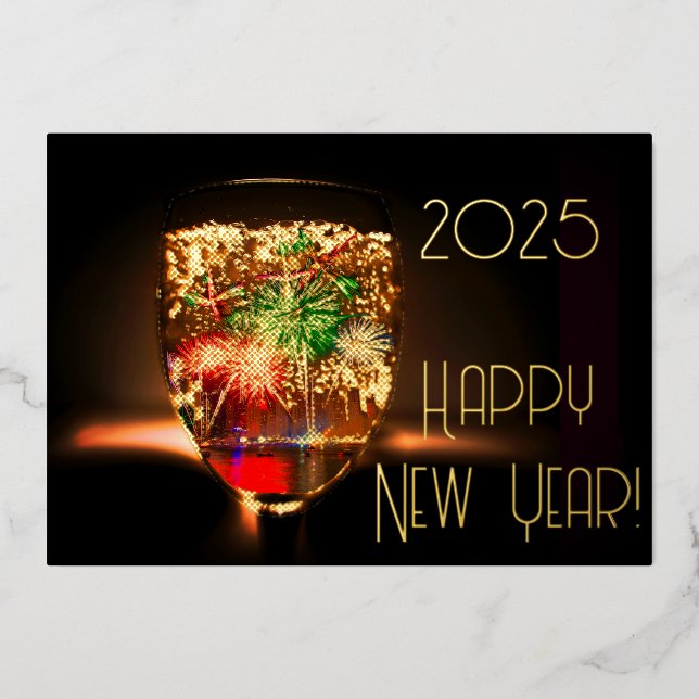 Golden bubbles and  fireworks - happy new year foil invitation (Front)