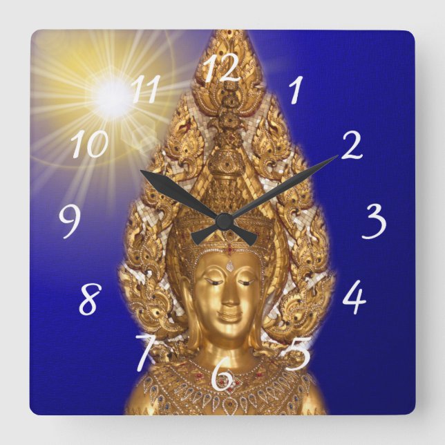 golden buddha in blue square wall clock (Front)
