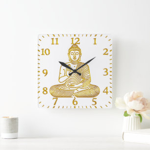 Golden Buddha in Calm Pose Square Wall Clock