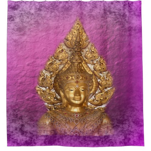 golden buddha in purple shower curtain