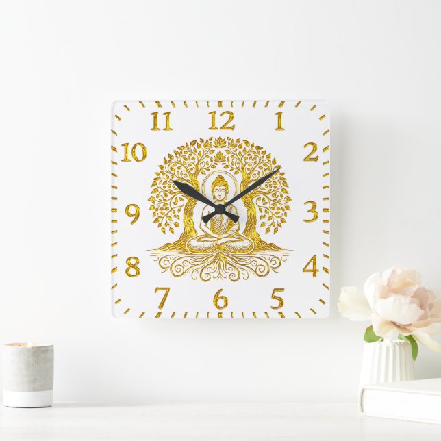 Golden Buddha Meditating Among Trees Square Wall Clock (Home)