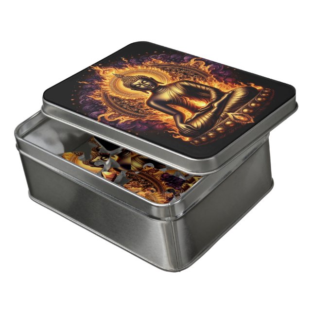 Golden Buddha meditating in fiery light Jigsaw Puzzle (Lid Open)