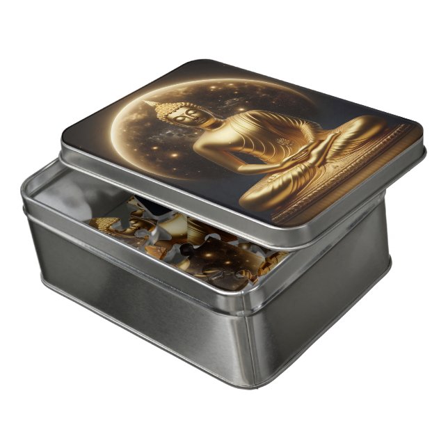 Golden Buddha meditating under a celestial glow Jigsaw Puzzle (Lid Open)
