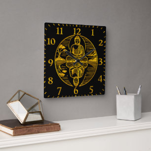 Golden Buddha Reflecting in Serene Waters Square Wall Clock