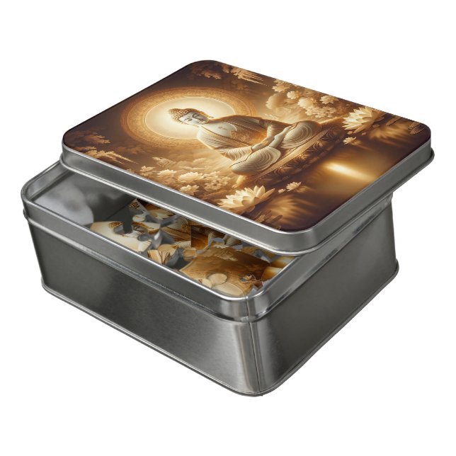 Golden Buddha seated amidst serene lotus blossoms Jigsaw Puzzle (Lid Open)