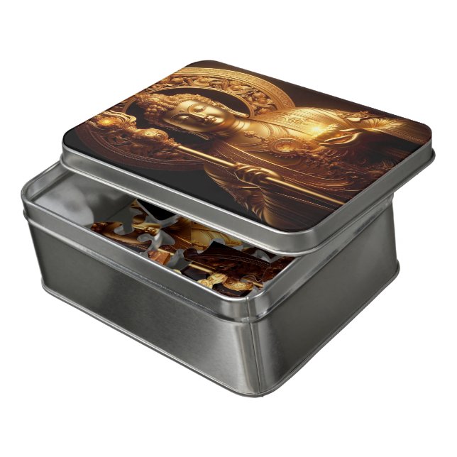 Golden Buddha statue holding a serene lantern Jigsaw Puzzle (Lid Open)