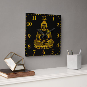 Golden Buddha Statue Meditating in Peaceful Pose Square Wall Clock