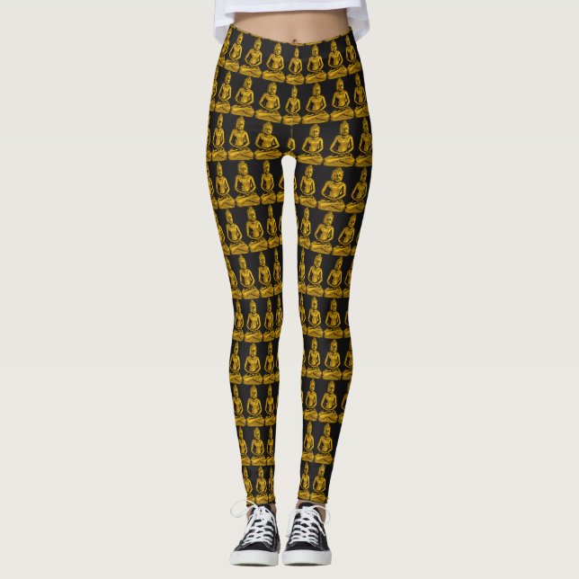 Golden Buddha Statue Pattern Elegant Black Gold Leggings (Front)