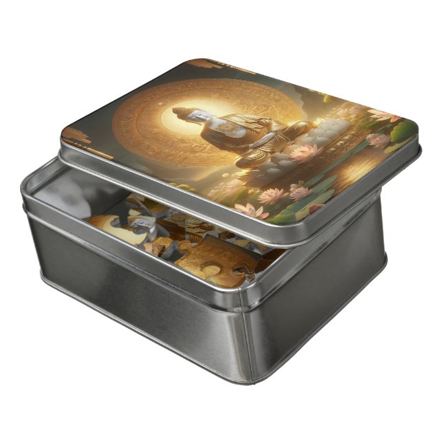 Golden Buddha surrounded by lotus blooms at dawn Jigsaw Puzzle (Lid Open)