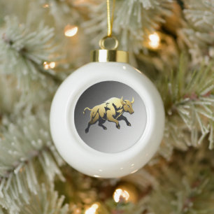 Golden Bull – Strength & Prosperity Emblem Ceramic Ball Christmas Ornament