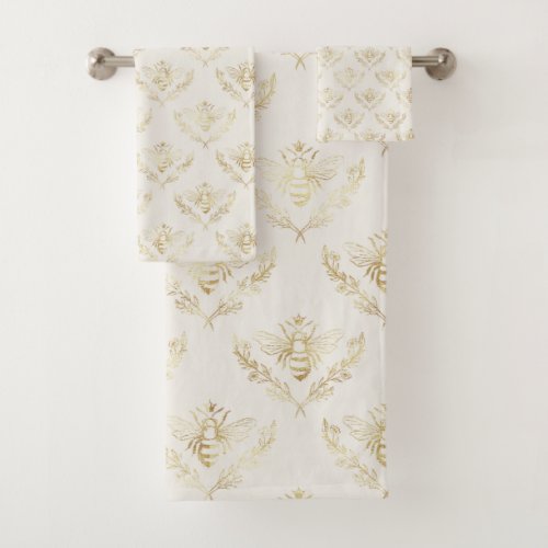 Golden Bumble Bee with a Crown Pattern Bath Towel Set