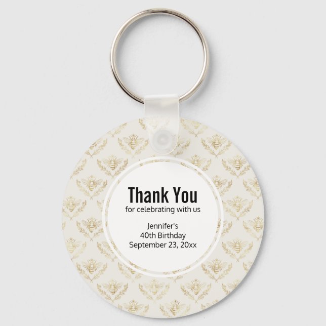 Golden Bumble Bee with a Crown Pattern Birthday Keychain (Front)