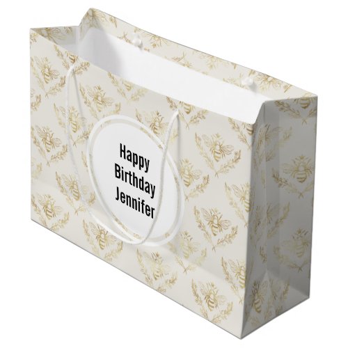 Golden Bumble Bee with a Crown Pattern Birthday Large Gift Bag