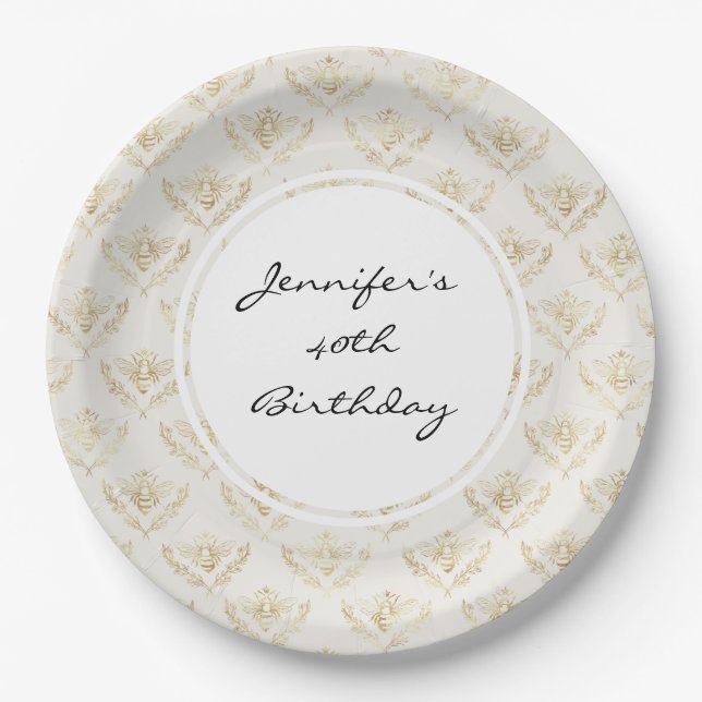 Golden Bumble Bee with a Crown Pattern Birthday Paper Plates (Front)