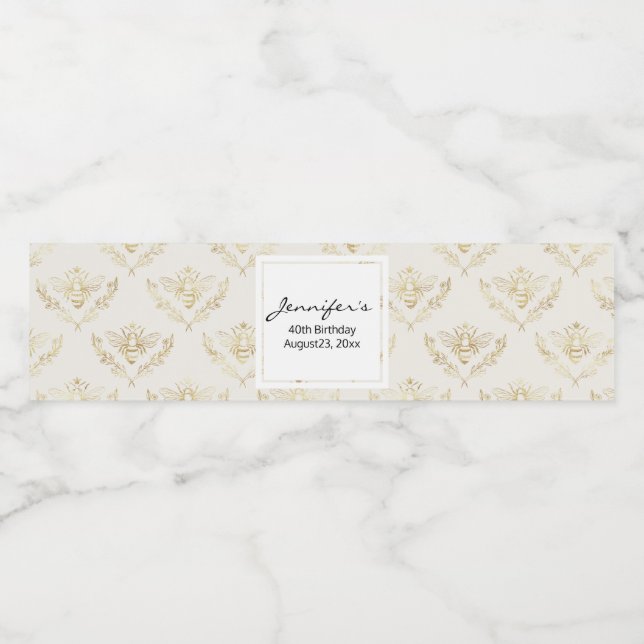 Golden Bumble Bee with a Crown Pattern Birthday Water Bottle Label (Single Label)