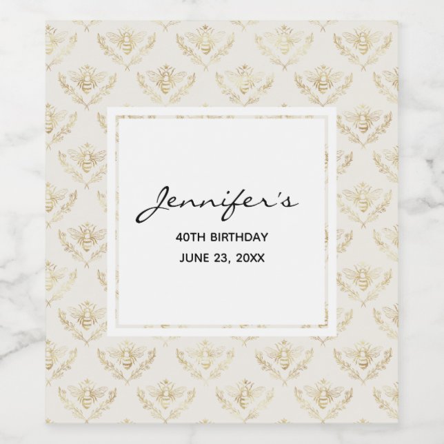 Golden Bumble Bee with a Crown Pattern Birthday Wine Label (Single Label)